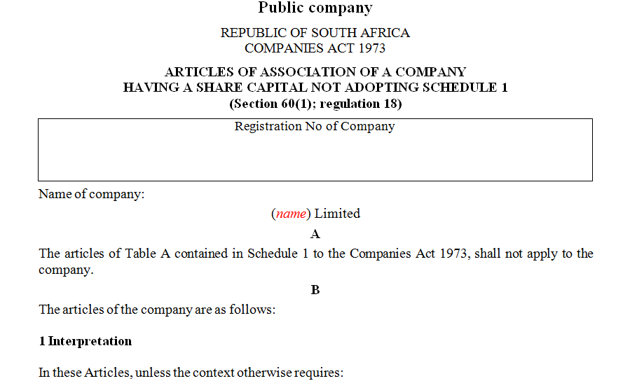 ARTICLES OF ASSOCIATION OF A COMPANY HAVING A SHARE CAPITAL NOT ADOPTING SCHEDULE 1- Public company