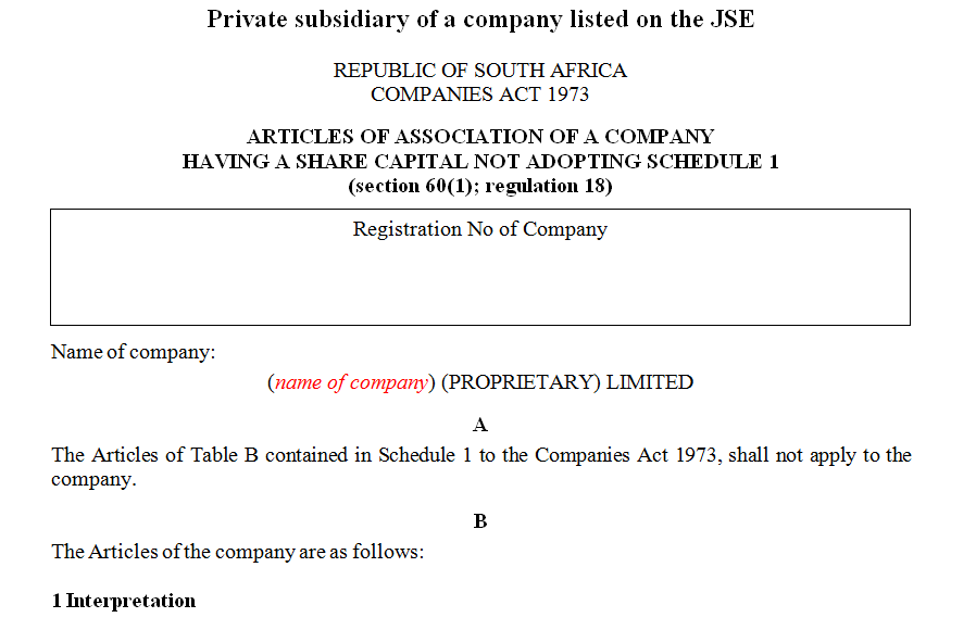 ARTICLES OF ASSOCIATION OF A COMPANY HAVING A SHARE CAPITAL NOT ADOPTING SCHEDULE 1- private subsidiary of a listed company