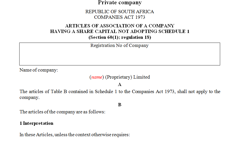 ARTICLES OF ASSOCIATION OF A COMPANY HAVING A SHARE CAPITAL NOT ADOPTING SCHEDULE 1