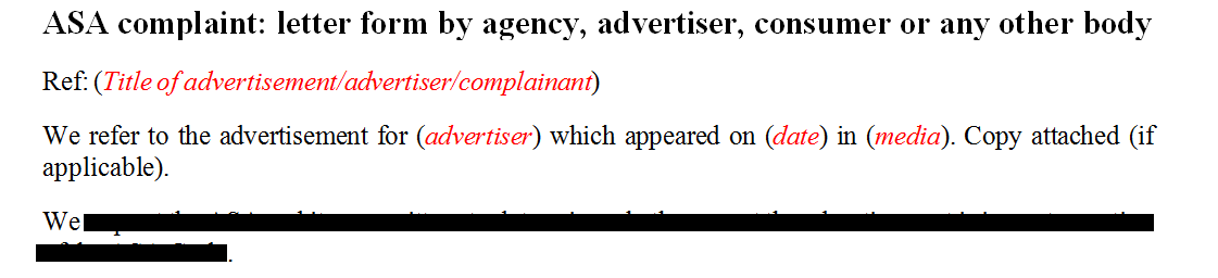 ASA complaint: letter form by agency, advertiser, consumer or any other body
