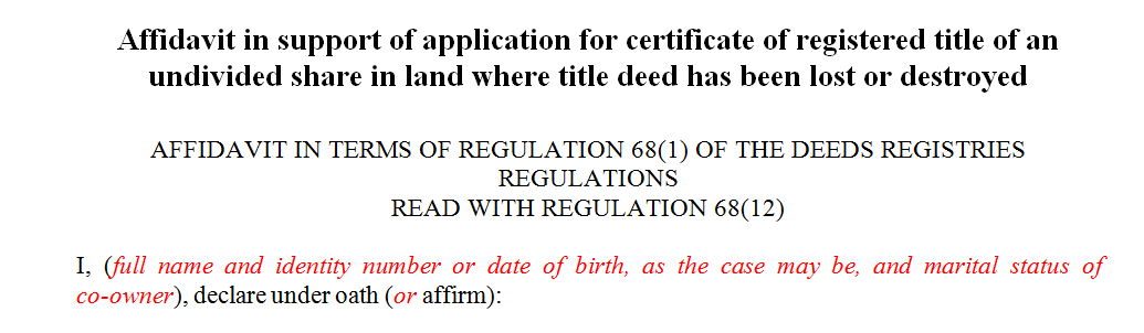 Affidavit in support of application for certificate of registered title of an undivided share in land where title deed has been lost or destroyed 