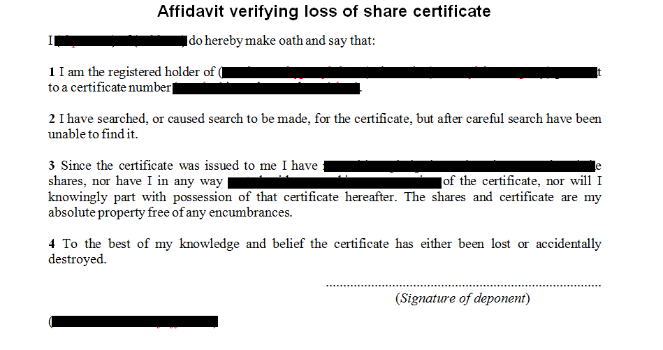 Affidavit verifying loss of share certificate