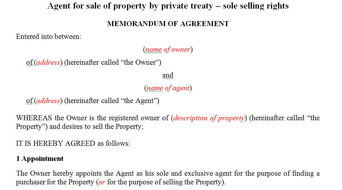 Agent for sale of property by private treaty – sole selling rights