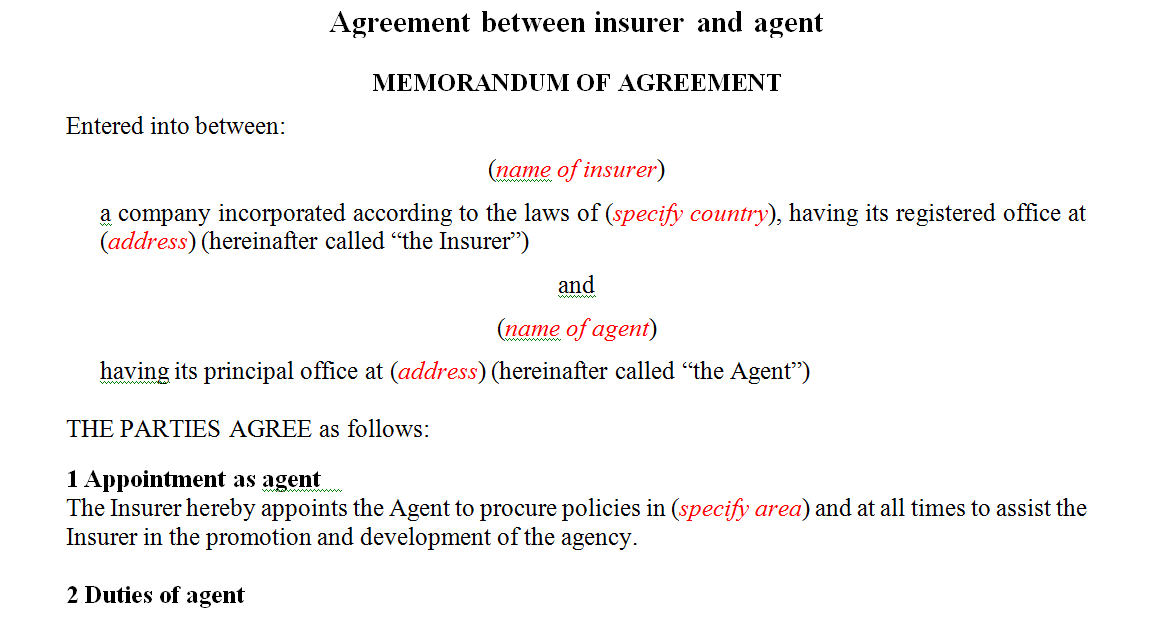 Agreement between insurer and agent 