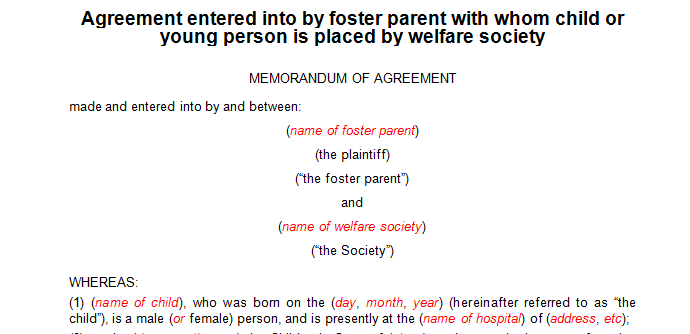 Agreement entered into by foster parent with whom child or young person is placed by welfare society 