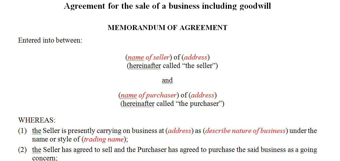 Agreement for the sale of a business including goodwill