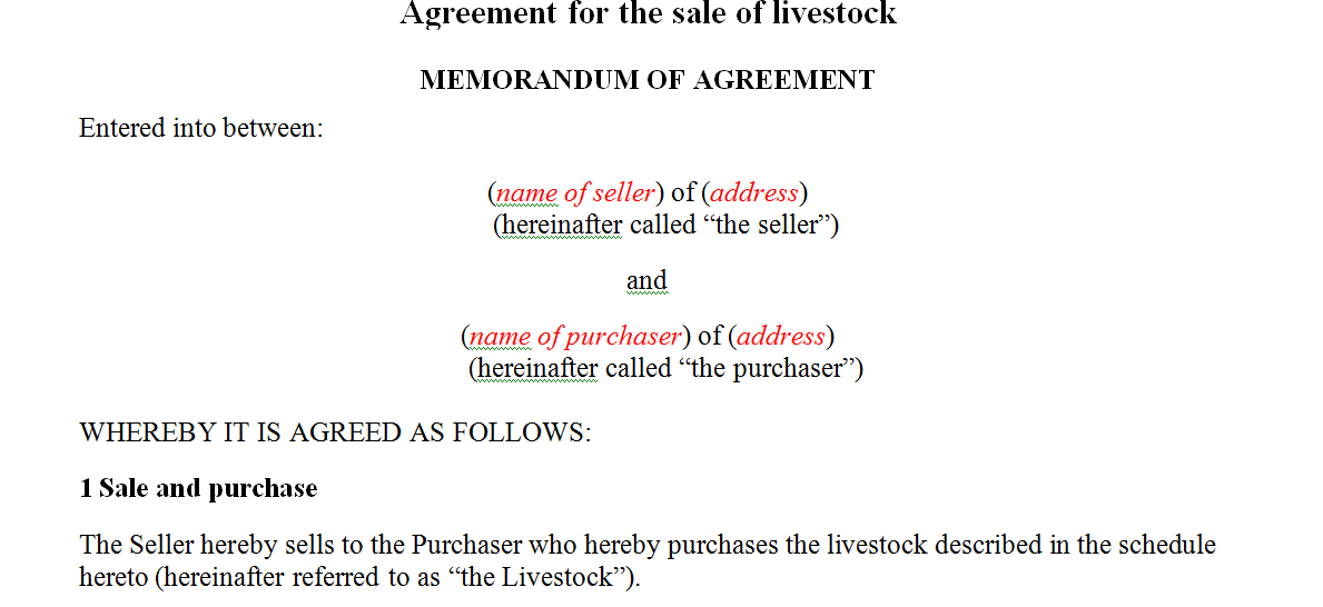 Fast FREE contract download Agreement for the sale of livestock 2022