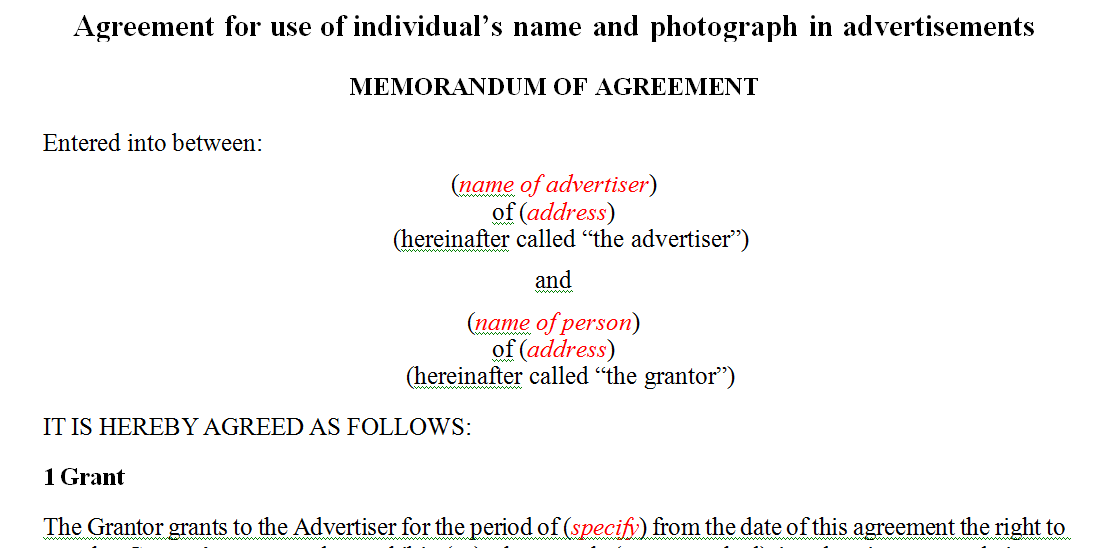 Agreement for use of individual’s name and photograph in advertisements