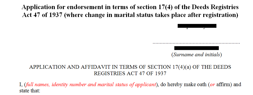 Application for endorsement in terms of s17(4) of the Deeds Registries Act