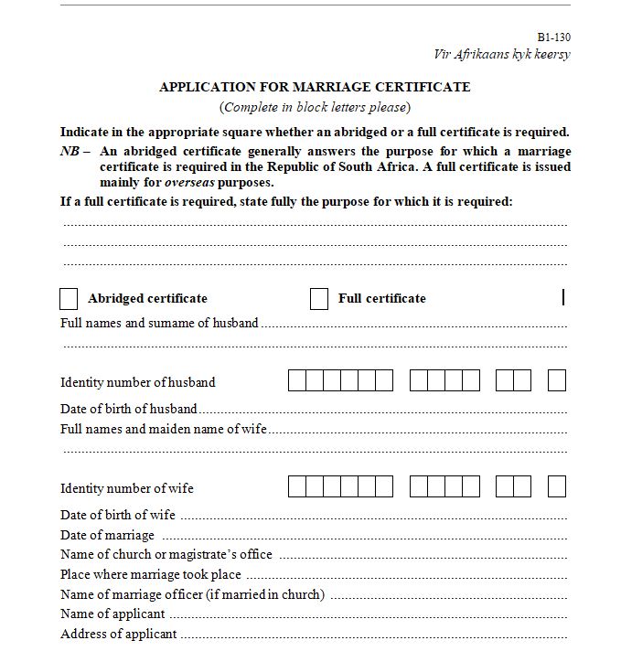 Application for marriage certificate