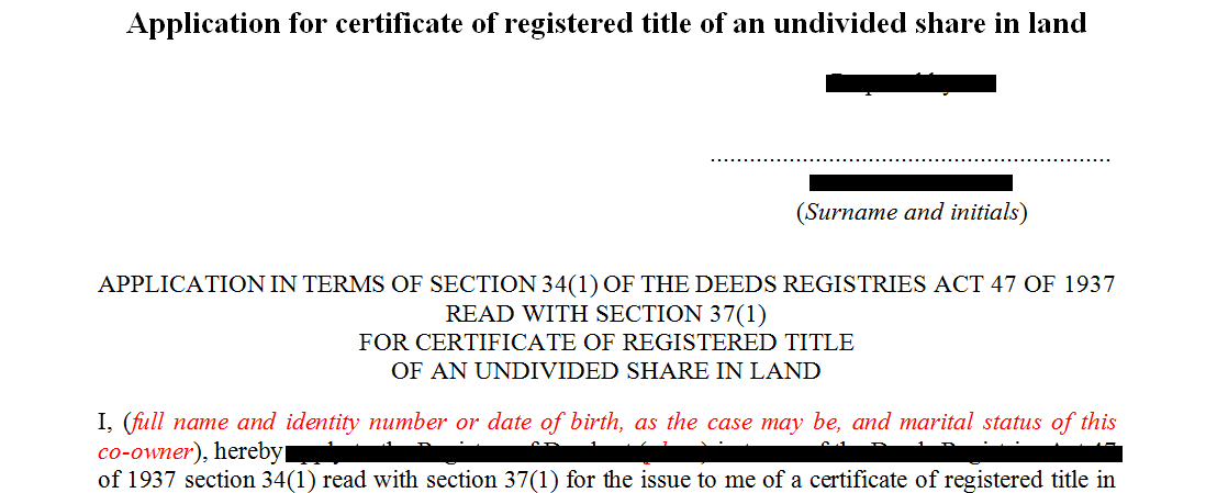Application for the certificate of registered title of an undivided share in land