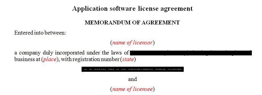Application software license agreement