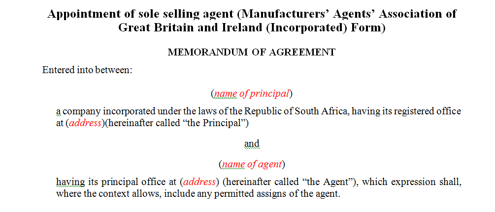 Appointment of sole selling agent (Manufacturers’ Agents’ Association of Great Britain and Ireland (Incorporated) Form)