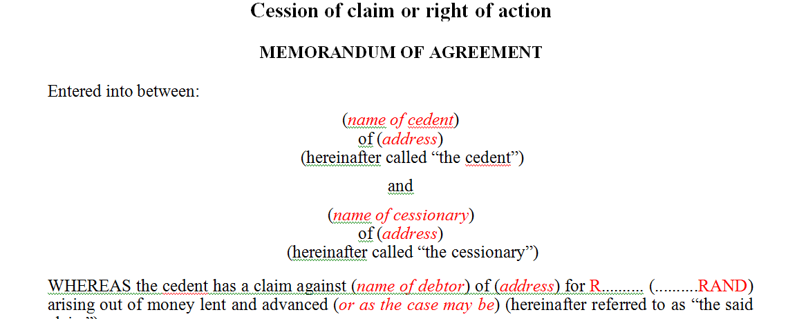 Cession of claim or right of action