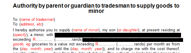 Consent  by parent or guardian granting authority to tradesman to supply goods to a minor 