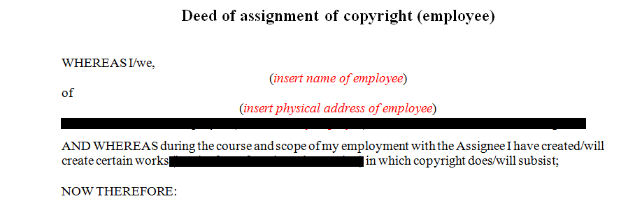 Deed of assignment of copyright (employee)