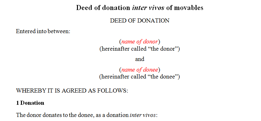 Deed of donation inter vivos of movables