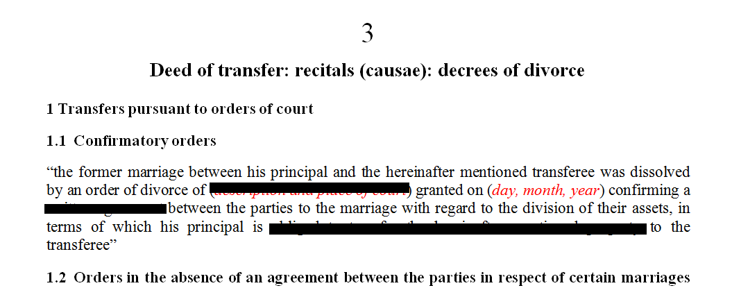 Deed of transfer Recitals (causae): Decrees of divorce