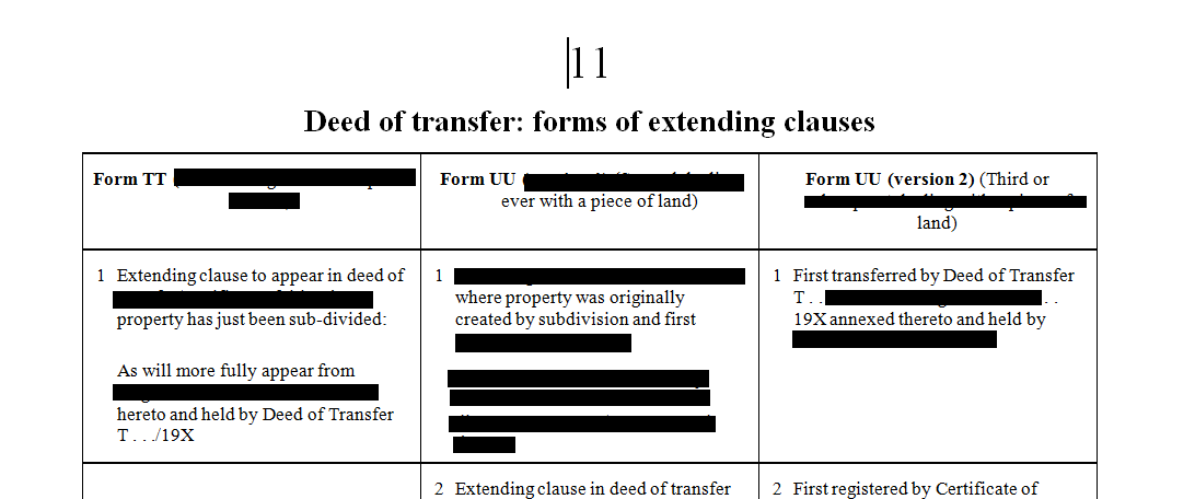 Deed of transfer: forms of extending clauses,divesting, consideration and value clauses. 
