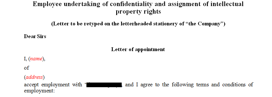 Employee undertaking of confidentiality and assignment of intellectual property rights