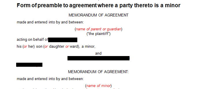 Form of preamble to agreement where a party thereto is a minor 