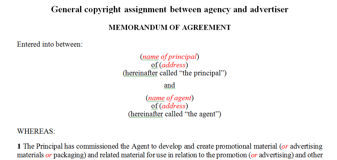General copyright assignment between agency and advertiser