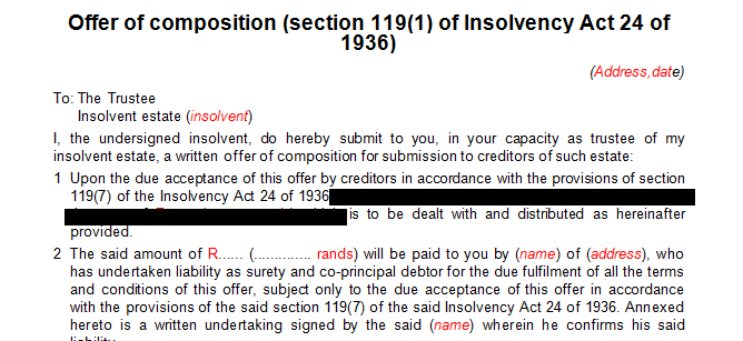 Offer of composition in terms of s119(1) of the Insolvency Act 