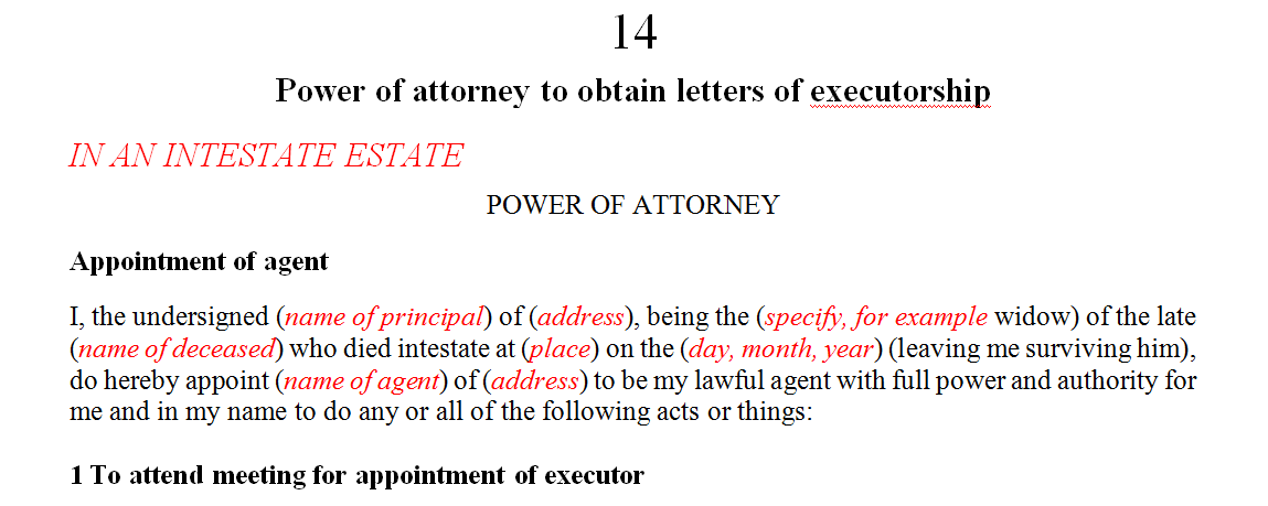 Power of attorney to obtain letters of executorship