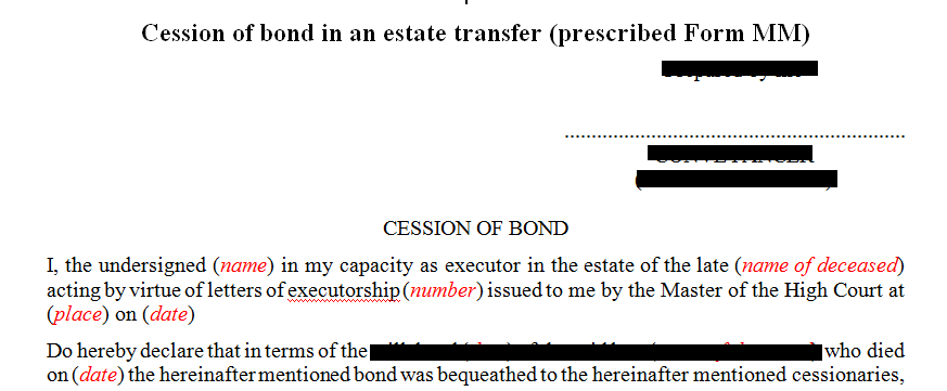 Prescribed Form MM- Cession of bond in an estate transfer 