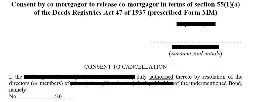 Prescribed Form MM- consent by co-mortgagor to release co-mortgagor in terms of s55(1)(a) of the Deeds Registries Act