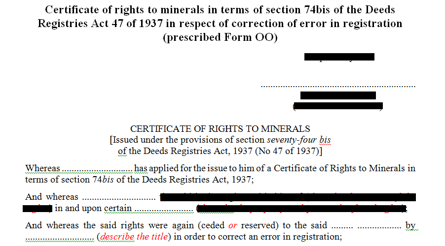Prescribed Form OO and OO(1)-Certificate of rights in terms of s74 of the Deeds Registries Act 