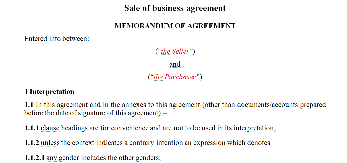 Sale of business agreement