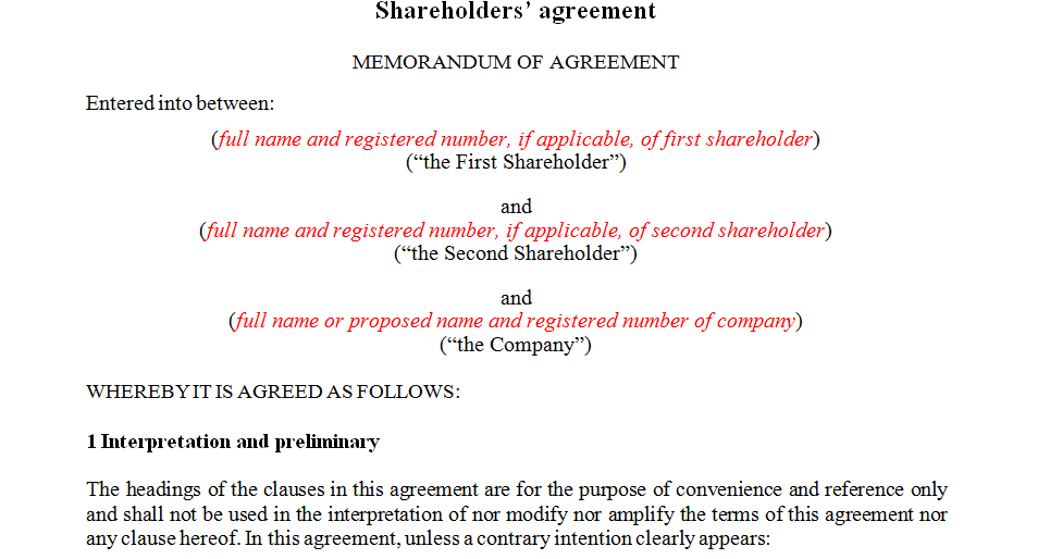 Shareholders agreement memorandum of agreement