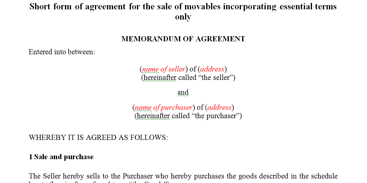 Short form of agreement for the sale of movables incorporating essential terms only