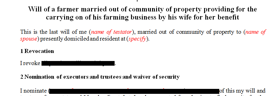 Will of a farmer married out of community of property providing for the carrying on of his farming business by his wife for her benefit